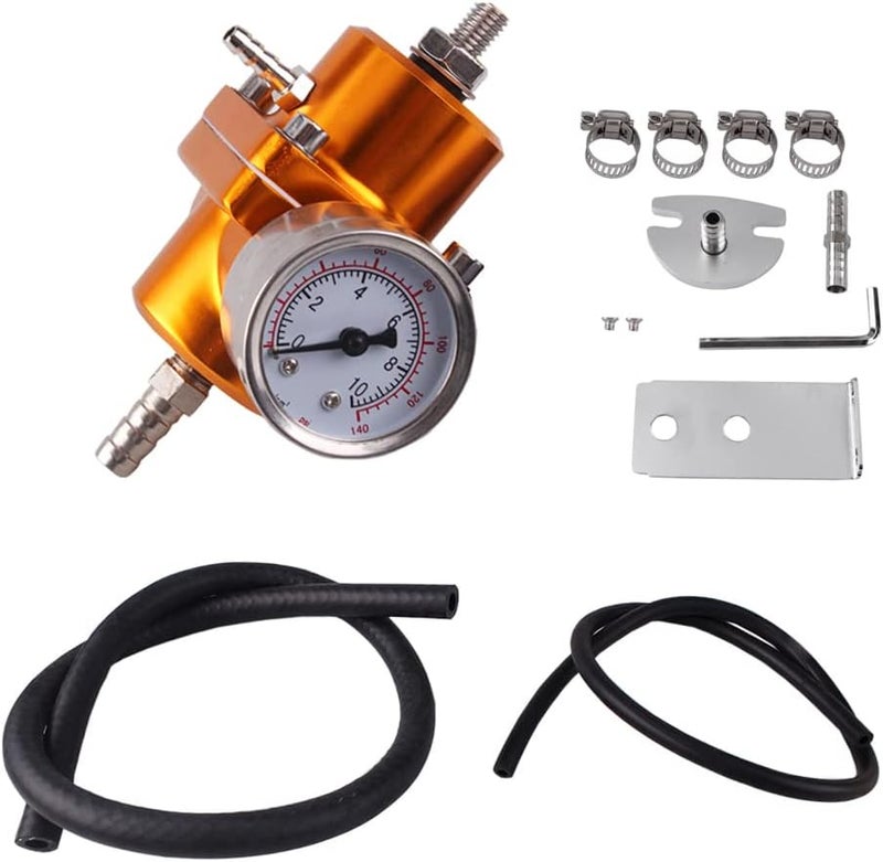 BARTOO Universal Adjustable Fuel Pressure Regulator Kit, Aluminum Fuel Regulator, Adjustable Gas Oil Injection Pressure Regulator with 0-140 PSI Gauge -Gold - Image 1